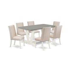 East West Furniture V096FL201-7 7-Piece Fashionable Dining Room Table Set an Outstanding Cement Color Kitchen Table Top and 6 Lovely Linen Fabric Kitchen Chairs with Nail Heads and Stylish Chair Back,