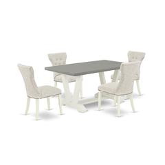 East West Furniture 5-Piece Modern Dining Table Set- 4 Dining Padded Chairs with Doeskin Linen Fabric Seat and Button Tufted Chair Back - Rectangular Table Top & Wooden Legs - Cement and Linen White F