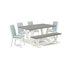 East West Furniture V096LA015-6 6-Piece Gorgeous Rectangular Table Set an Excellent Cement Color Dining Room Table Top and Cement Color Indoor Bench and 4 Wonderful Linen Fabric Padded Chairs with Sty