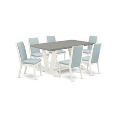 East West Furniture V096LA015-7 7-Piece Fashionable kitchen table set an Excellent Cement Color rectangular Table Top and 6 Gorgeous Linen Fabric Dining Chairs with Stylish Chair Back, Linen White Fin