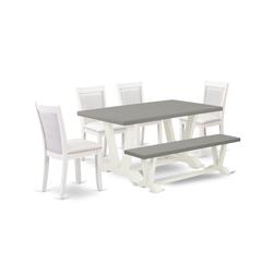 East West Furniture 6-Piece Dining Table Set Includes a Wood Dining Table - 4 Cream Linen Fabric Upholstered Chairs with Stylish Back and a Small Bench - Wire Brushed Linen White Finish