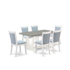East West Furniture 7-Piece Dinette Set Includes a Modern Dining Table and 6 Baby Blue Linen Fabric Parsons Chairs with Stylish Back - Wire Brushed Linen White Finish