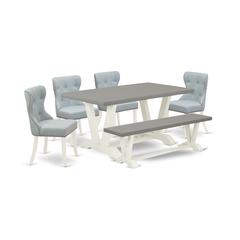 East West Furniture V096SI215-6 6-Piece Dining Room Table Set- 4 Parson Chairs with Baby Blue Linen Fabric Seat and Button Tufted Chair Back - Rectangular Top & Wooden Legs dining table and Bench - Ce