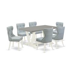 East West Furniture V096SI215-7 7-Pc Dining Room Set- 6 Mid Century Dining Chairs with Baby Blue Linen Fabric Seat and Button Tufted Chair Back - Rectangular Table Top & Wooden Legs - Cement and Linen