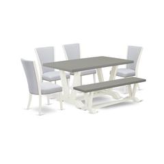 East West Furniture V096VE005-6 6 Piece Mid Century Dining Set - 4 Grey Wirebrush Linen Fabric Dining Room Chairs with Nailheads and Cement Modern Dining Table - 1 Kitchen Bench - Wirebrushed Linen Wh