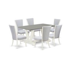 East West Furniture 7-Pc Dining Room Table Set Consists of 6 Dining Chairs with Upholstered Seat and Stylish Back-Rectangular Breakfast Table - Cement and Wirebrushed Linen White Finish