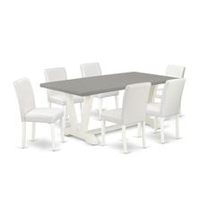 East West Furniture V097AB264-7 7-Piece Modern Dining Table Set an Excellent Cement Color Kitchen Table Top and 6 Stunning Pu Leather Parson Dining Chairs with Stylish Chair Back, Linen White Finish