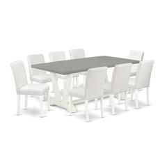 East West Furniture V097AB264-9 9-Piece Beautiful a Superb Cement Color Wood Dining Table Top and 8 Modern Pu Leather Dining Chairs with Stylish Chair Back, Linen White Finish