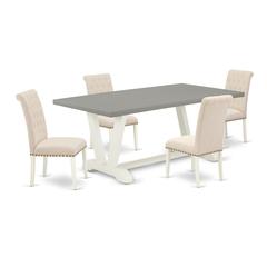 East West Furniture V097BR202-5 5-Piece Gorgeous Dinette Set a Great Cement Color Dining room Table Top and 4 Awesome Linen Fabric Dining Chairs with Nail Heads and Button Tufted Chair Back, Linen Whi