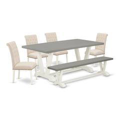 East West Furniture V097BR202-6 6-Piece Beautiful Dinette Set a Great Cement Color Kitchen Table Top and Cement Color Kitchen Bench and 4 Beautiful Linen Fabric Padded Chairs with Nail Heads and Butto