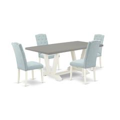 East West Furniture 5-Piece Modern Dining Table Set- 4 Parson Dining Room Chairs with Baby Blue Linen Fabric Seat and Button Tufted Chair Back - Rectangular Table Top & Wooden Legs - Cement and Linen