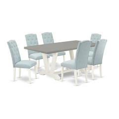 East West Furniture 7-Piece Dining Room Table Set- 6 Parson Dining Chairs with Baby Blue Linen Fabric Seat and Button Tufted Chair Back - Rectangular Table Top & Wooden Legs - Cement and Linen White F