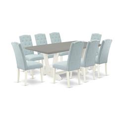 East West Furniture 9-Piece Dining Room Table Set- 8 Kitchen Parson Chairs with Baby Blue Linen Fabric Seat and Button Tufted Chair Back - Rectangular Table Top & Wooden Legs - Cement and Linen White