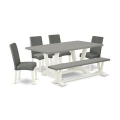 East West Furniture V097DR207-6 6-Pc Dining Room Set - 4 Dining Chairs, a Modern Bench Cement Top and 1 Modern Cement Dining Room Table Top with High Chair Back - Linen White Finish