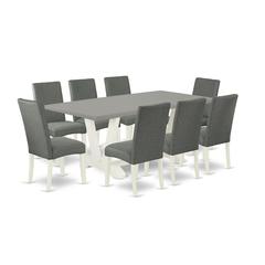 East West Furniture V097DR207-9 9-Pc Dining Room Set - 8 Upholstered Dining Chairs and 1 Modern Rectangular Cement Dining Table with High Chair Back - Linen White Finish