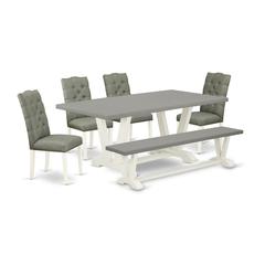 East West Furniture 6-Pc Dining Table Set- 4 Padded Parson Chairs with Smoke Linen Fabric Seat and Button Tufted Chair Back - Rectangular Top & Wooden Legs Wood Dining Table and Small Bench - Cement a