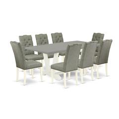 East West Furniture 9-Pc Dinette Set- 8 Mid Century Dining Chairs with Smoke Linen Fabric Seat and Button Tufted Chair Back - Rectangular Table Top & Wooden Legs - Cement and Linen White Finish