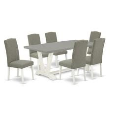 East West Furniture 7-Piece Fashionable Modern Dining Table Set a Great Cement Color Wood Dining Table Top and 6 Stunning Linen Fabric Dining Chairs with Nail Heads and Stylish Chair Back, Linen White