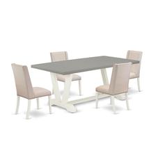 East West Furniture V097FL201-5 5-Piece Awesome Dining Set an Excellent Cement Color Kitchen Table Top and 4 Lovely Linen Fabric Parson Dining Room Chairs with Nails Head and Stylish Chair Back, Linen