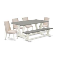 East West Furniture V097FL201-6 6-Piece Stylish Dining Table Set a Superb Cement Color Wood Dining Table Top and Cement Color Dining Room Bench and 4 Attractive Linen Fabric Dining Chairs with Nail He