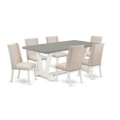 East West Furniture V097FL201-7 7-Piece Gorgeous Dining Room Set a Superb Cement Color Modern Dining Table Top and 6 Excellent Linen Fabric Kitchen Parson Chairs with Stylish Chair Back, Linen White F