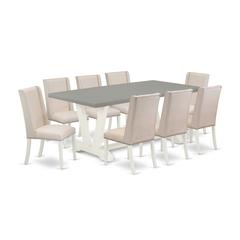 East West Furniture V097FL201-9 9-Piece Beautiful Dinette Set a Good Cement Color Wood Table Top and 8 Beautiful Linen Fabric Dining Room Chairs with Nails Head and Stylish Chair Back, Linen White Fin