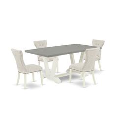 East West Furniture 5-Piece Dining Room Set- 4 Upholstered Dining Chairs with Doeskin Linen Fabric Seat and Button Tufted Chair Back - Rectangular Table Top & Wooden Legs - Cement and Linen White Fini