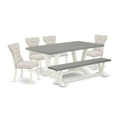 East West Furniture 6-Pc Kitchen Dining Room Set- 4 Kitchen Parson Chairs with Doeskin Linen Fabric Seat and Button Tufted Chair Back - Rectangular Top & Wooden Legs Modern Dining Table and Dining Ben