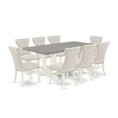 East West Furniture 9-Pc Dining Table Set- 8 Kitchen Parson Chairs with Doeskin Linen Fabric Seat and Button Tufted Chair Back - Rectangular Table Top & Wooden Legs - Cement and Linen White Finish