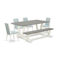 East West Furniture V097LA015-6 6-Piece Amazing Dining Table Set an Outstanding Cement Color Wood Table Top and Cement Color Wooden Bench Indoor and 4 Beautiful Linen Fabric Kitchen Chairs with Stylis