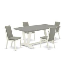 East West Furniture V097LA206-5 5-Piece Gorgeous Dining Room Table Set a Good Cement Color Dining Room Table Top and 4 Awesome Linen Fabric Dining Room Chairs with Stylish Chair Back, Linen White Fini