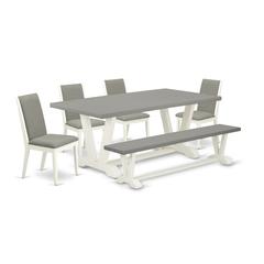 East West Furniture V097LA206-6 6-Piece Awesome Modern Dining Table Set a Good Cement Color Modern Dining Table Top and Cement Color Indoor Bench and 4 Attractive Linen Fabric Kitchen Chairs with Styl