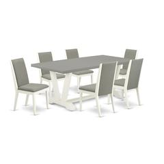 East West Furniture V097LA206-7 7-Piece Gorgeous Dinette Set an Outstanding Cement Color rectangular Table Top and 6 Excellent Linen Fabric Solid Wood Leg Chairs with Stylish Chair Back, Linen White F