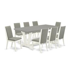 East West Furniture V097LA206-9 9-Piece Amazing Dinette Set a Great Cement Color Modern Dining Table Top and 8 Lovely Linen Fabric Parson Chairs with Stylish Chair Back, Linen White Finish