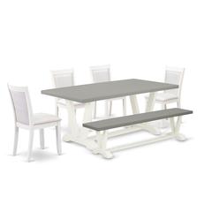East West Furniture 6-Pc Dinette Set Consists of a Wooden Table - 4 Cream Linen Fabric Parson Chairs with Stylish Back and a Wooden Bench - Wire Brushed Linen White Finish