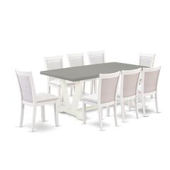 East West Furniture 9-Pc Modern Dining Table Set Consists of a Rectangular Table and 8 Cream Linen Fabric Dining Room Chairs with Stylish Back - Wire Brushed Linen White Finish