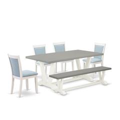 East West Furniture 6-Pc Dining Room Table Set Consists of a Kitchen Table - 4 Baby Blue Linen Fabric Parson Chairs with Stylish Back and a Wooden Bench - Wire Brushed Linen White Finish