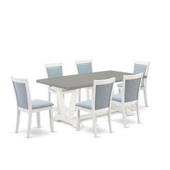 East West Furniture 7-Pc Dining Table Set Consists of a Modern Dining Table and 6 Baby Blue Linen Fabric Dining Chairs with Stylish Back - Wire Brushed Linen White Finish