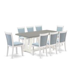East West Furniture 9-Pc Kitchen Table Set Consists of a Dining Table and 8 Baby Blue Linen Fabric Dining Room Chairs with Stylish Back - Wire Brushed Linen White Finish