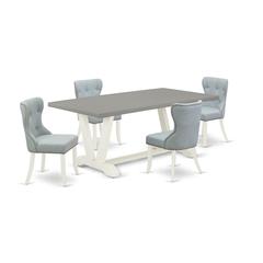 East West Furniture V097SI215-5 5-Pc Kitchen Dining Set- 4 Dining Padded Chairs with Baby Blue Linen Fabric Seat and Button Tufted Chair Back - Rectangular Table Top & Wooden Legs - Cement and Linen W