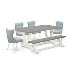 East West Furniture V097SI215-6 6-Piece Dining Table Set- 4 Mid Century Dining Chairs with Baby Blue Linen Fabric Seat and Button Tufted Chair Back - Rectangular Top & Wooden Legs Dining Table and Ind