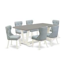 East West Furniture V097SI215-7 7-Pc Dining Table Set- 6 Mid Century Dining Chairs with Baby Blue Linen Fabric Seat and Button Tufted Chair Back - Rectangular Table Top & Wooden Legs - Cement and Line