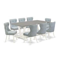 East West Furniture V097SI215-9 9-Pc Dining Table Set- 8 Dining Chairs with Baby Blue Linen Fabric Seat and Button Tufted Chair Back - Rectangular Table Top & Wooden Legs - Cement and Linen White Fini