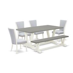 East West Furniture V097VE005-6 6 Piece Dinette Set - 4 Grey Linen Fabric Upholstered Dining Chair with Nailheads and Cement Dining Room Table - 1 Wooden Bench - Wire Brushed Linen White Finish