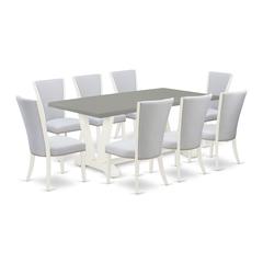 East West Furniture 9-Piece Dining Room Set Includes 8 Dining Chairs with Upholstered Seat and Stylish Back-Rectangular Dining Room Table - Cement and Wirebrushed Linen White Finish