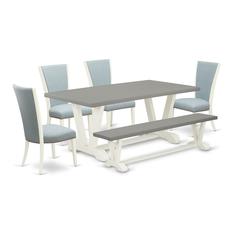 East West Furniture V097VE215-6 6 Piece Modern Dining Table Set - 4 Baby Blue Linen Fabric Comfortable Chair with Nailheads and Cement Wood Table - 1 Kitchen Bench - Linen White Finish
