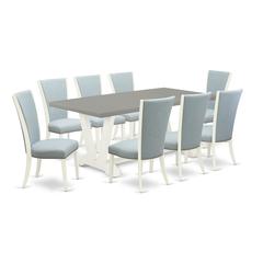 East West Furniture V097VE215-9 9 Piece Kitchen Table Set - 8 Baby Blue Linen Fabric Parson Dining Room Chairs with Nail Heads and Cement Modern Dining Table - Linen White Finish