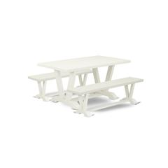 East West Furniture V2-026 3 Pc Table Set - 1 Linen White Wood Dining Table and 2 Mid Century Modern Bench - Stable and Durable Construction - Linen White Finish