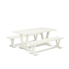 East West Furniture V2-027 3 Piece Table Set - 1 Linen White Dining Table and 2 Table Bench - Stable and Sturdy Constructed - Linen White Finish