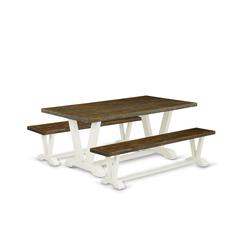 East West Furniture V2-077 3 Pc Kitchen Dining Table Set - 1 Distressed Jacobean Small Kitchen Table and 2 Dining Room Bench - Reliable and Sturdy Constructed - Linen White Finish